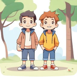 Create an image featuring two boy characters standing together