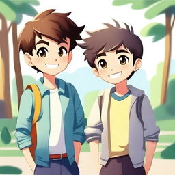 Create an image featuring two boy characters standing together