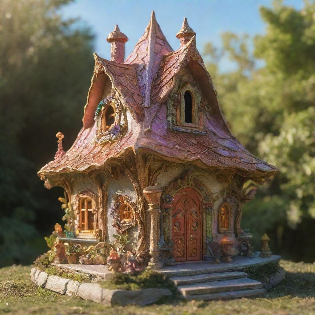 A sun-drenched, sparkling fairy house with ornate architecture, radiant colors, and elements reflecting the sun fairy's solar affinity