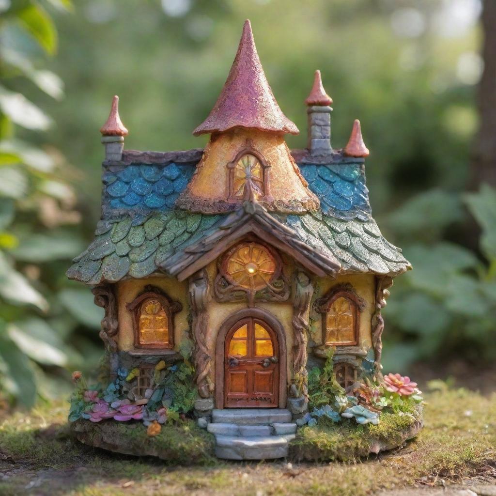 A miniaturized, sun-drenched, sparkling fairy house with ornate architecture, radiant colors, and solar elements, all fit for a small sun fairy