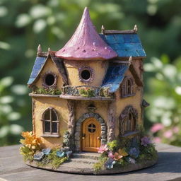 A miniaturized, sun-drenched, sparkling fairy house with ornate architecture, radiant colors, and solar elements, all fit for a small sun fairy