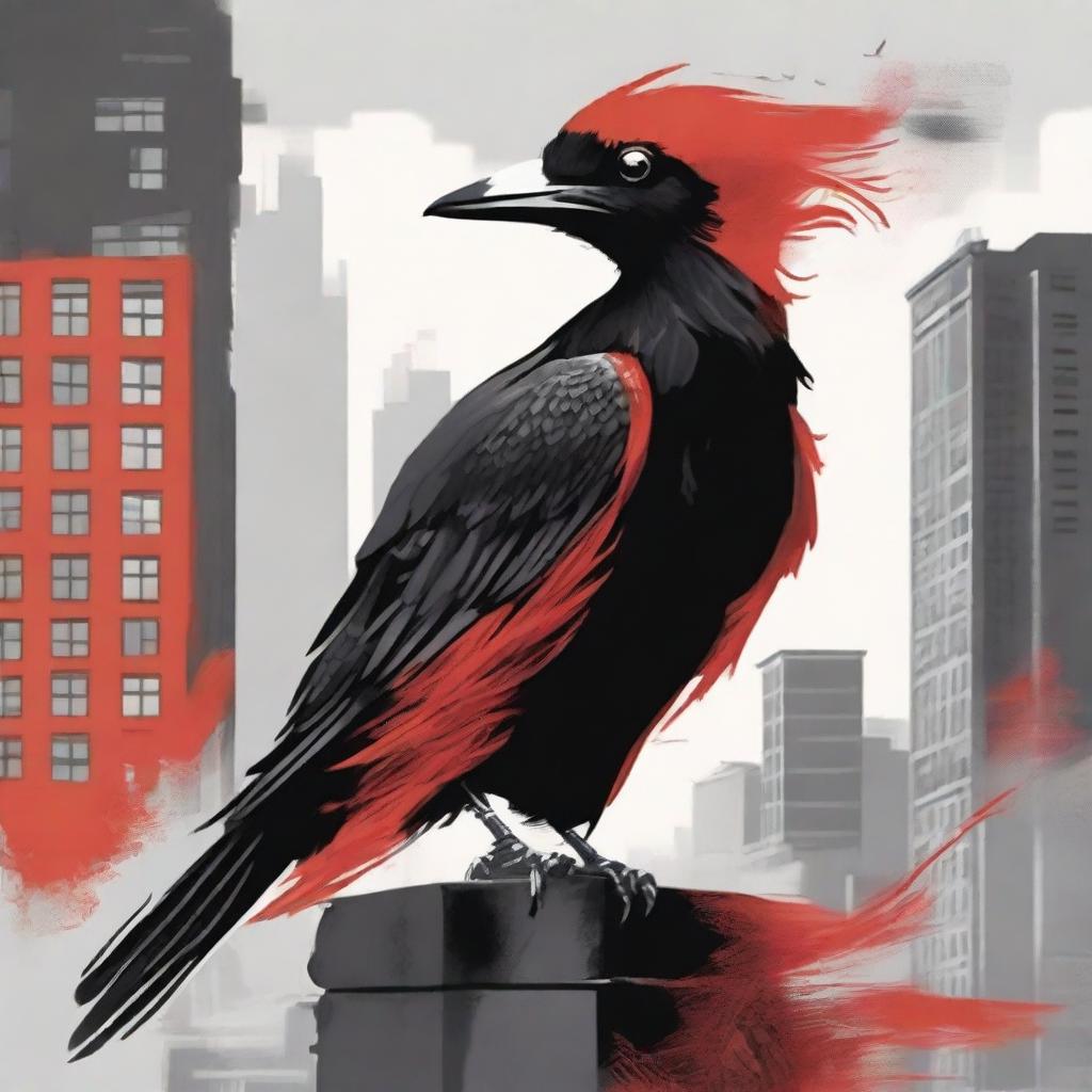 A captivating book cover featuring a red and black fire bird perched on top of an apartment building