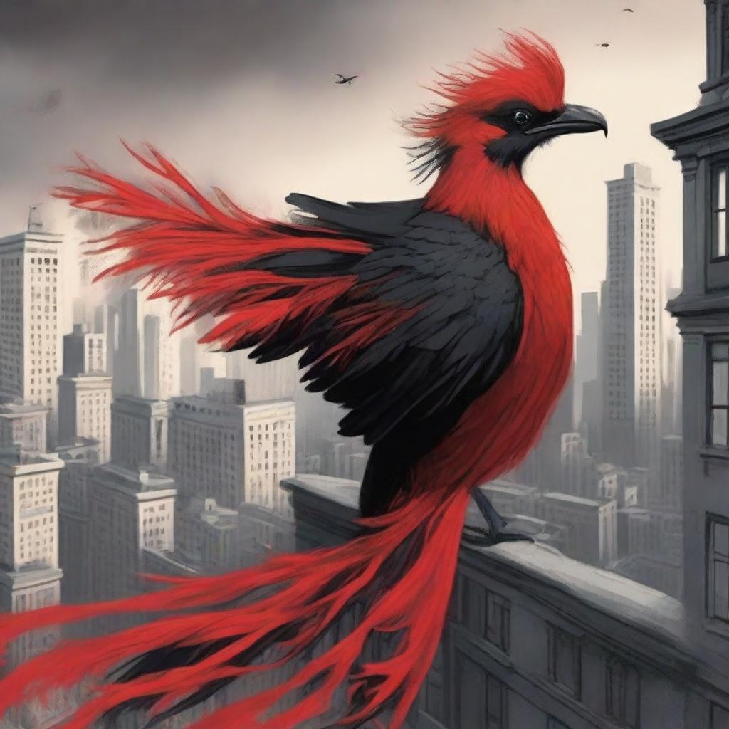 A captivating book cover featuring a red and black fire bird perched on top of an apartment building