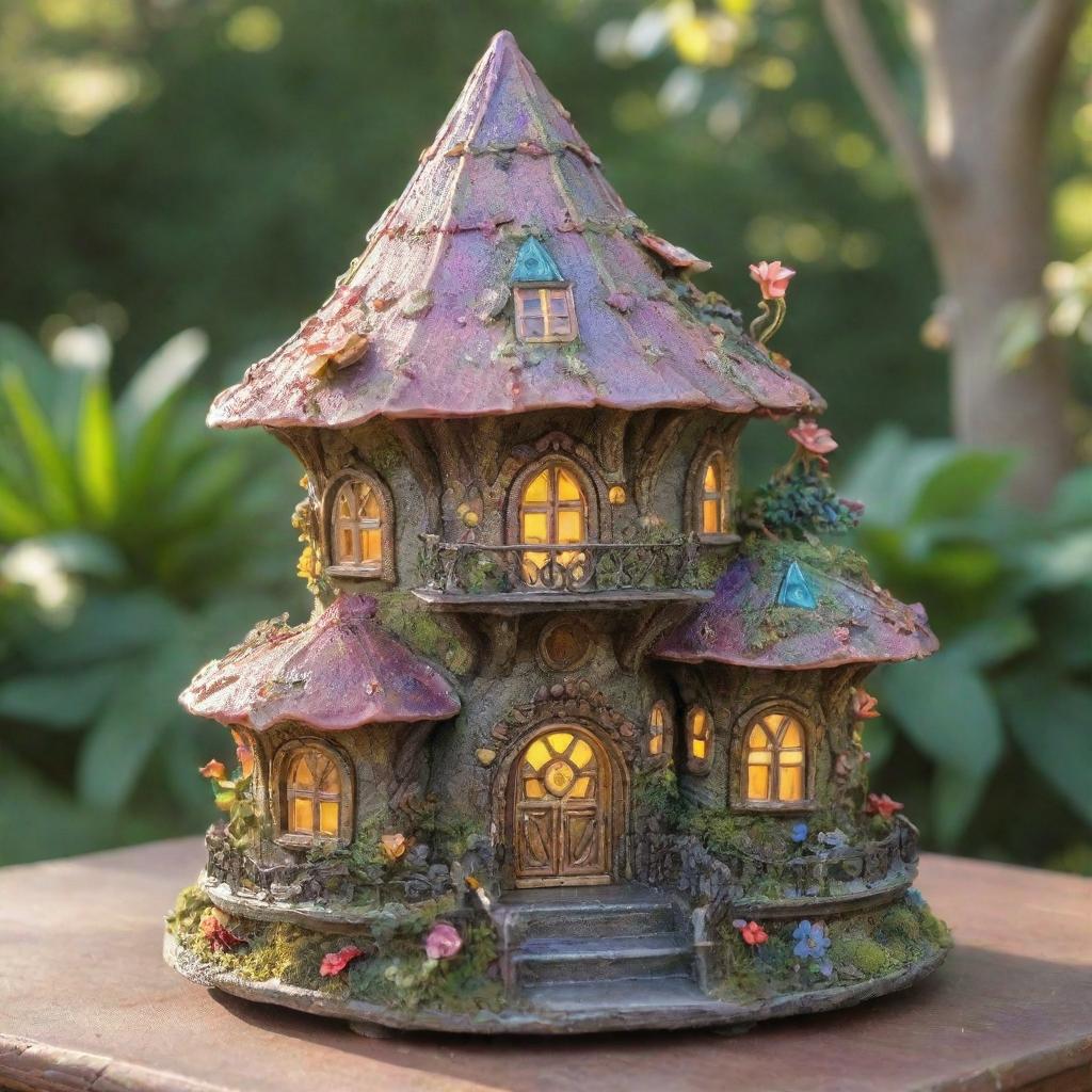 A miniaturized, sun-drenched, sparkling fairy house with ornate architecture, radiant colors, and solar elements, all fit for a small sun fairy