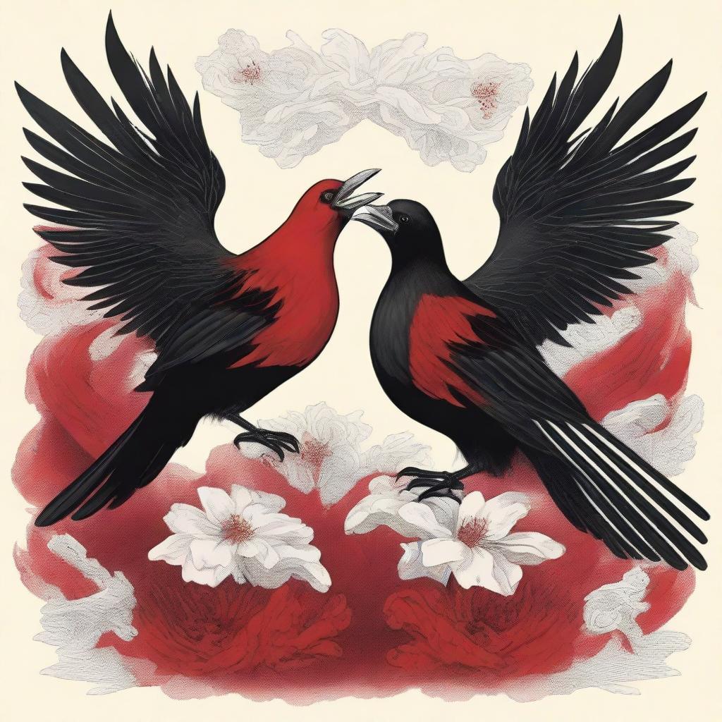 A striking book cover featuring two red and black fire birds, each with a white flower in its mouth