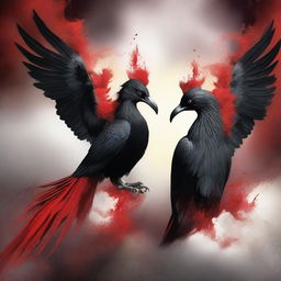 A striking book cover featuring two red and black fire birds, each with a white flower in its mouth