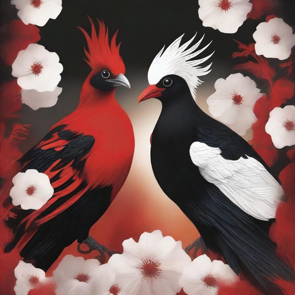 A striking book cover featuring two red and black fire birds, each with a white flower in its mouth