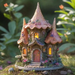 A miniaturized, sun-drenched, sparkling fairy house with ornate architecture, radiant colors, and solar elements, all fit for a small sun fairy