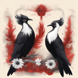 A striking book cover featuring two red and black fire birds, each with a white flower in its mouth