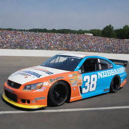 A Nissan car transformed into a NASCAR version, presented in striking color hues, equipped with racing alterations, and garnished with a variety of sponsor decals.