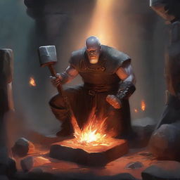 A stone being with crystal spikes wielding a hammer in an underground forge