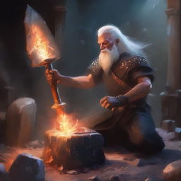 A stone being with crystal spikes wielding a hammer in an underground forge