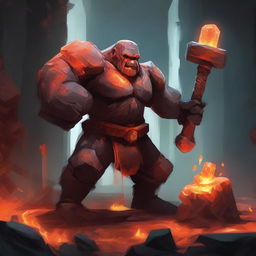 A golem made of stone and orange crystals wielding a great hammer in an underground forge