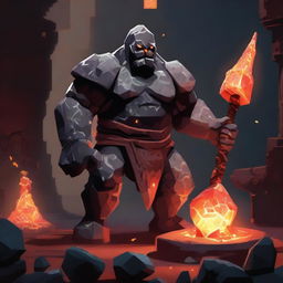 A golem made of stone and orange crystals wielding a great hammer in an underground forge