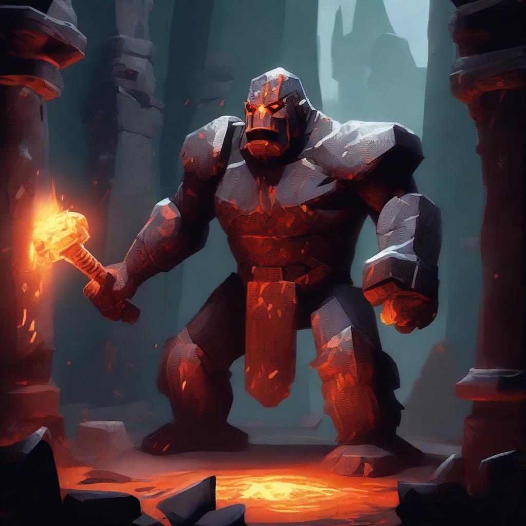 A golem made of stone and orange crystals wielding a great hammer in an underground forge