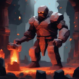 A golem made of stone and orange crystals wielding a great hammer in an underground forge