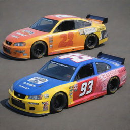 A Nissan car transformed into a NASCAR version, presented in striking color hues, equipped with racing alterations, and garnished with a variety of sponsor decals.