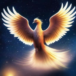 A majestic starlight phoenix soaring through a starry night sky, its feathers glowing with radiant light