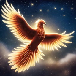 A majestic starlight phoenix soaring through a starry night sky, its feathers glowing with radiant light