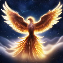 A majestic starlight phoenix soaring through a starry night sky, its feathers glowing with radiant light