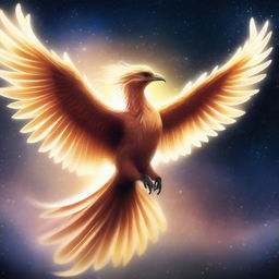 A majestic starlight phoenix soaring through a starry night sky, its feathers glowing with radiant light