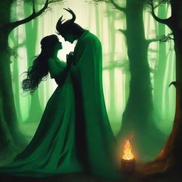 In a deep green forest surrounded by towering trees, two forbidden lovers, a female witch and a male demon, share a tender moment