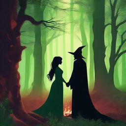 In a deep green forest surrounded by towering trees, two forbidden lovers, a female witch and a male demon, share a tender moment