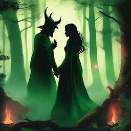 In a deep green forest surrounded by towering trees, two forbidden lovers, a female witch and a male demon, share a tender moment