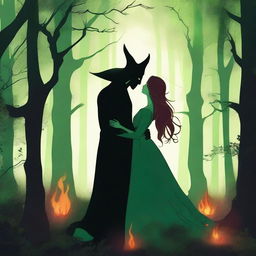 In a deep green forest surrounded by towering trees, two forbidden lovers, a female witch and a male demon, share a tender moment