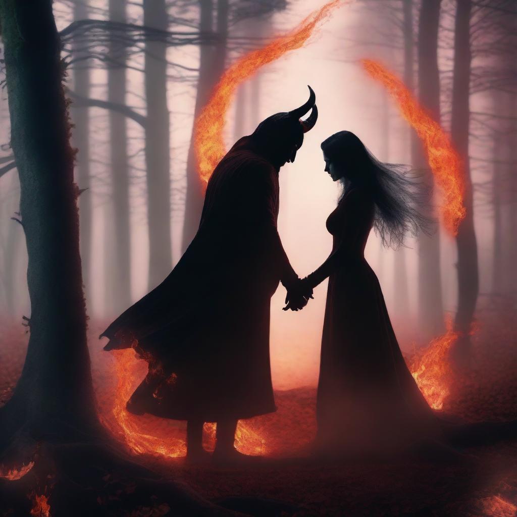 In a fantasy setting surrounded by dense trees, a male demon and a female witch find themselves in love