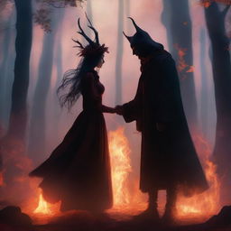 In a fantasy setting surrounded by dense trees, a male demon and a female witch find themselves in love