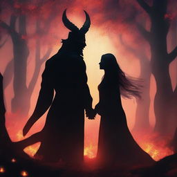 In a fantasy setting surrounded by dense trees, a male demon and a female witch find themselves in love