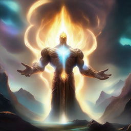 A giant, powerful light elemental towering over a landscape, radiating intense light and energy