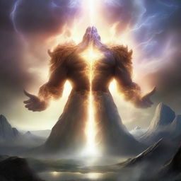 A giant, powerful light elemental towering over a landscape, radiating intense light and energy