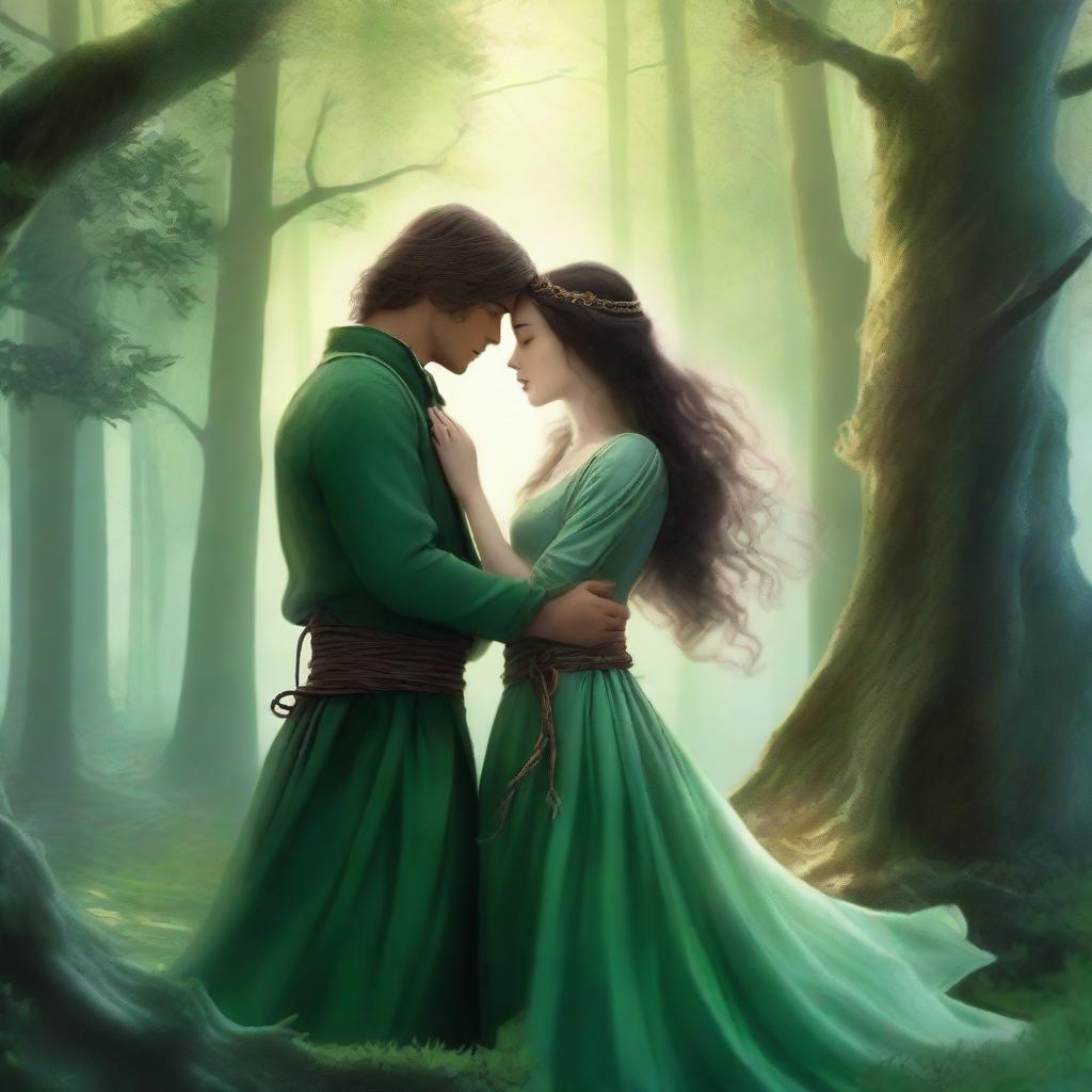 In a fantasy setting surrounded by dense trees, two characters share a forbidden love