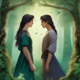 In a fantasy setting surrounded by dense trees, two characters share a forbidden love