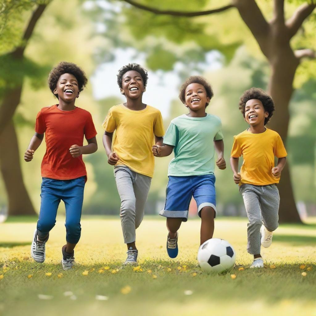 A group of boys playing together in a park on a sunny day