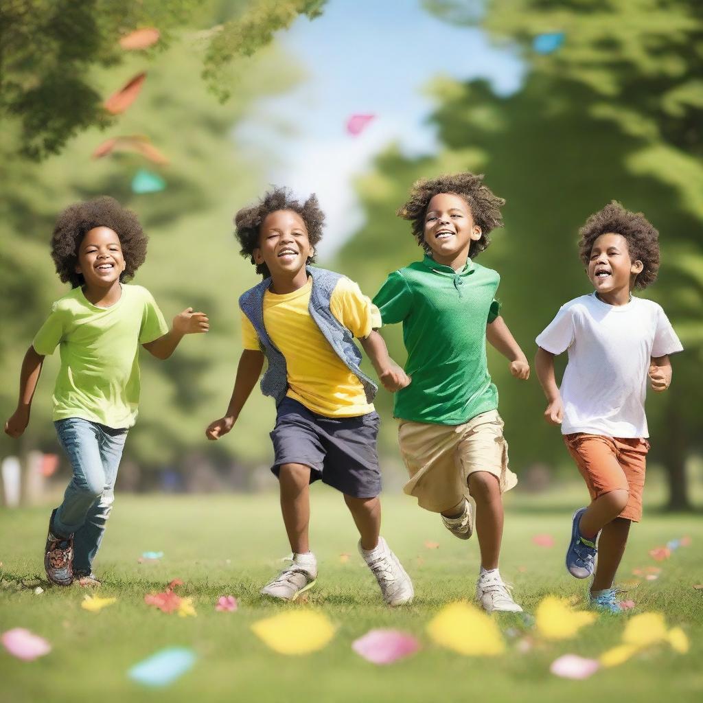 A group of boys playing together in a park on a sunny day