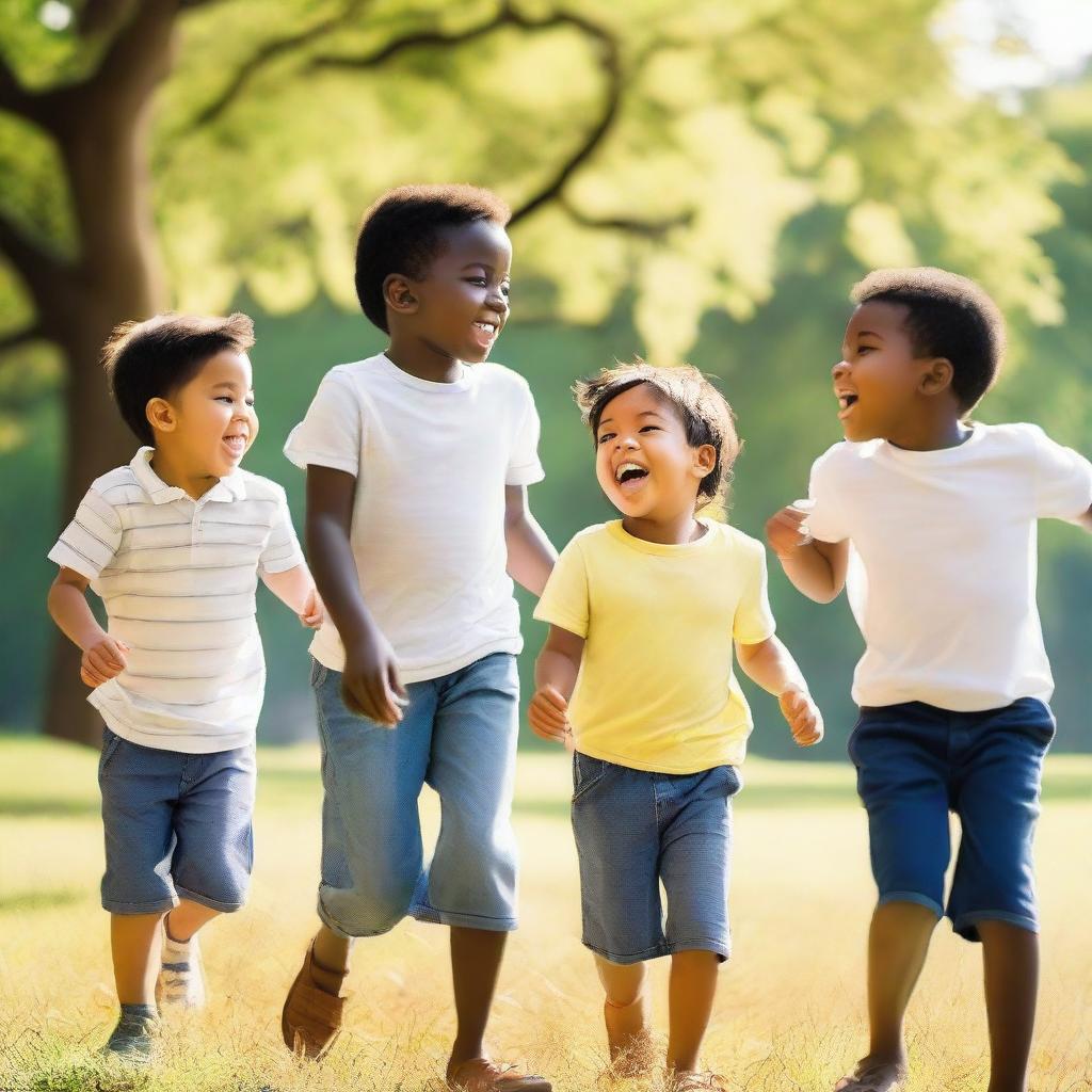 A group of boys having fun and playing together in a park, enjoying a sunny day with smiles and laughter