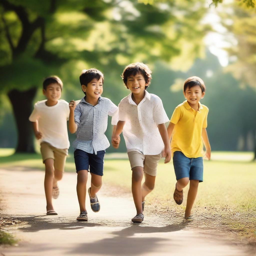 A group of boys having fun and playing together in a park, enjoying a sunny day with smiles and laughter