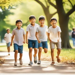 A group of boys having fun and playing together in a park, enjoying a sunny day with smiles and laughter