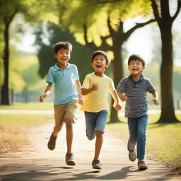 A group of boys having fun and playing together in a park, enjoying a sunny day with smiles and laughter