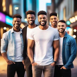 A group of handsome young men standing together, smiling and looking confident