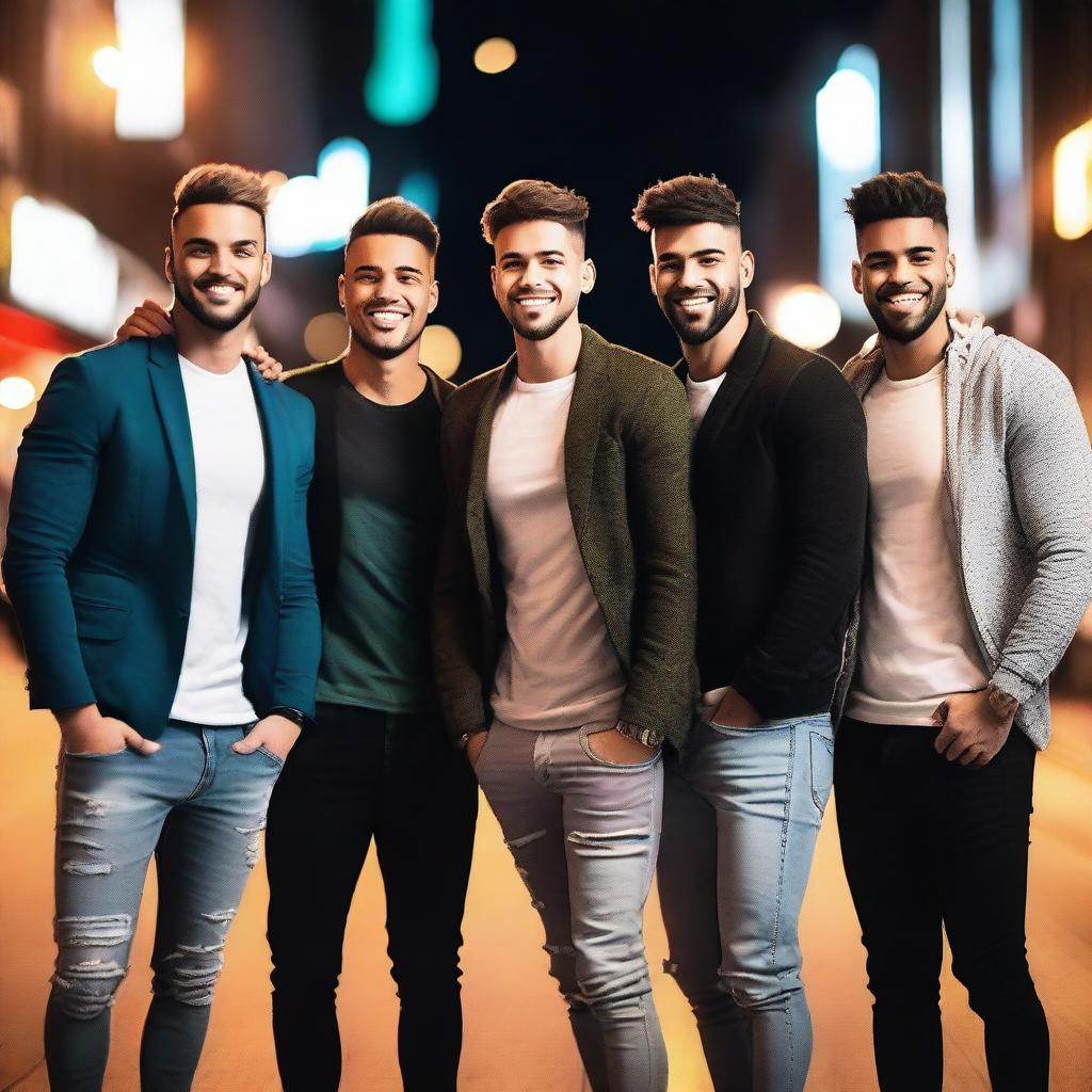 A group of handsome young men standing together, smiling and looking confident