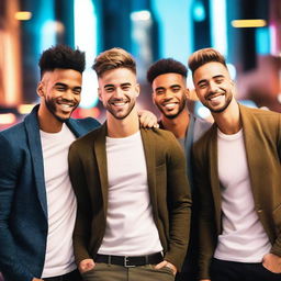 A group of handsome young men standing together, smiling and looking confident