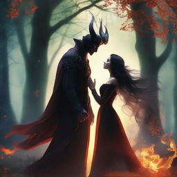 In a fantasy setting surrounded by dense trees, a male demon and a female witch share a forbidden love