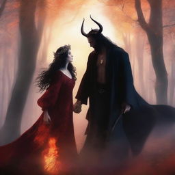 In a fantasy setting surrounded by dense trees, a male demon and a female witch share a forbidden love