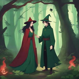 A romantic and fantasy scene set in a deep green forest