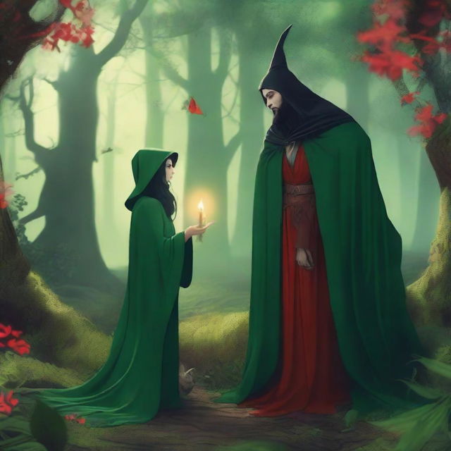 A romantic and fantasy scene set in a deep green forest