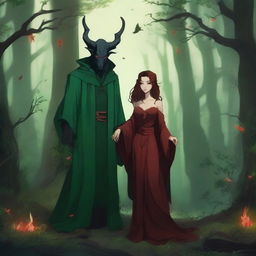 A romantic and fantasy scene set in a deep green forest